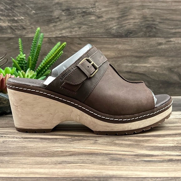 NIB Merrell Halendi Slide Wedge Sandal Full Grain Leather Brown Bracken - Picture 5 of 12